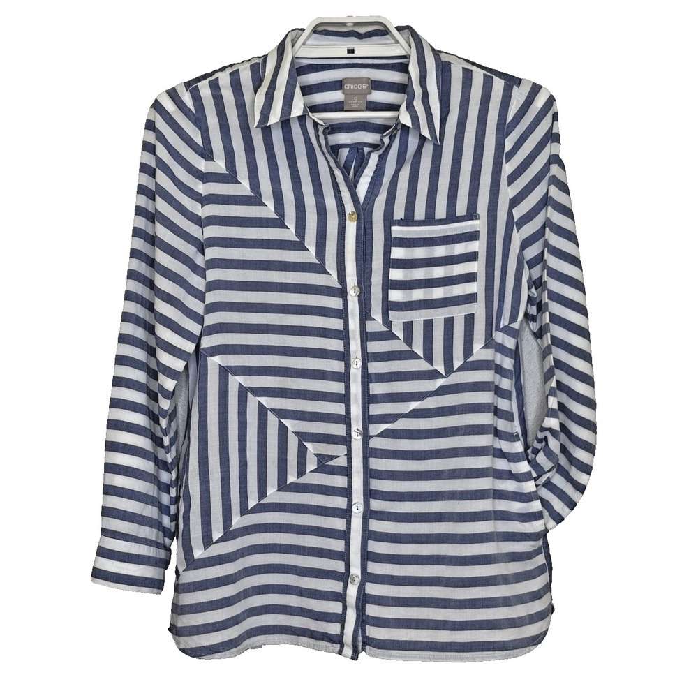 Chicos Button Front Top Sz 0 US 4/6 Blue White Stripe Long Sleeve Collar Pockets